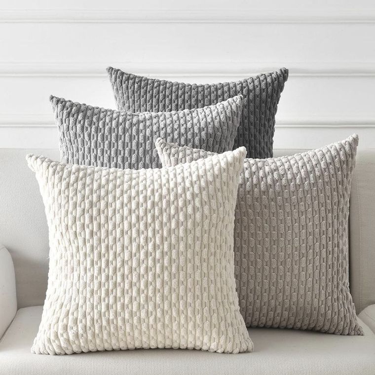 Coussin Canape 45x45 Gris Beige Crème Velours Côtelé Lot de 4