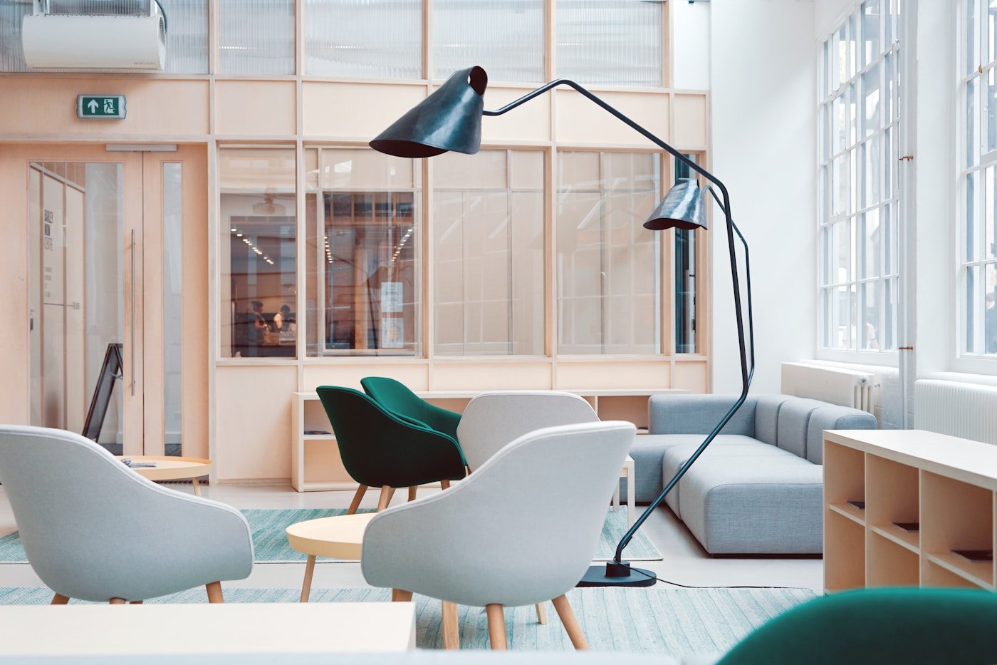 Salon calme avec lumière douce et plantes