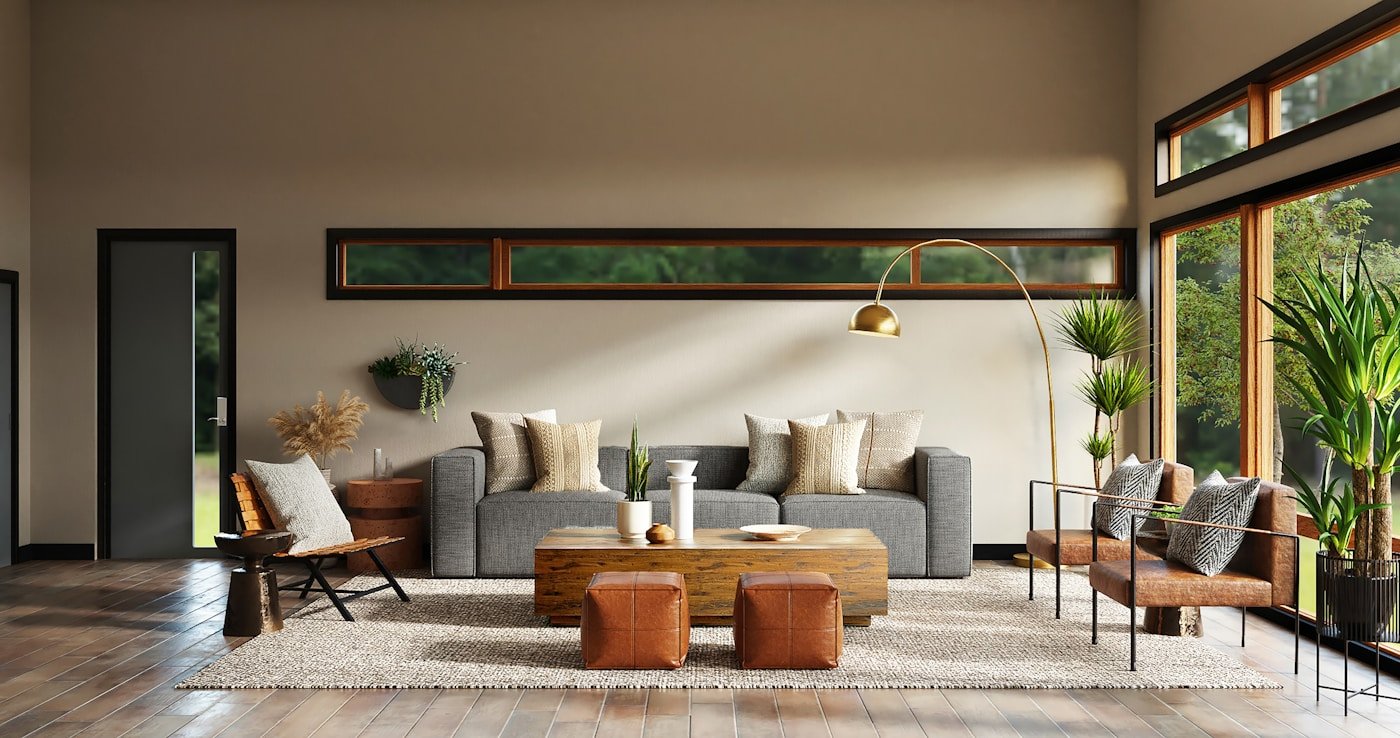 Salon clair avec bois naturel et ambiance Japandi