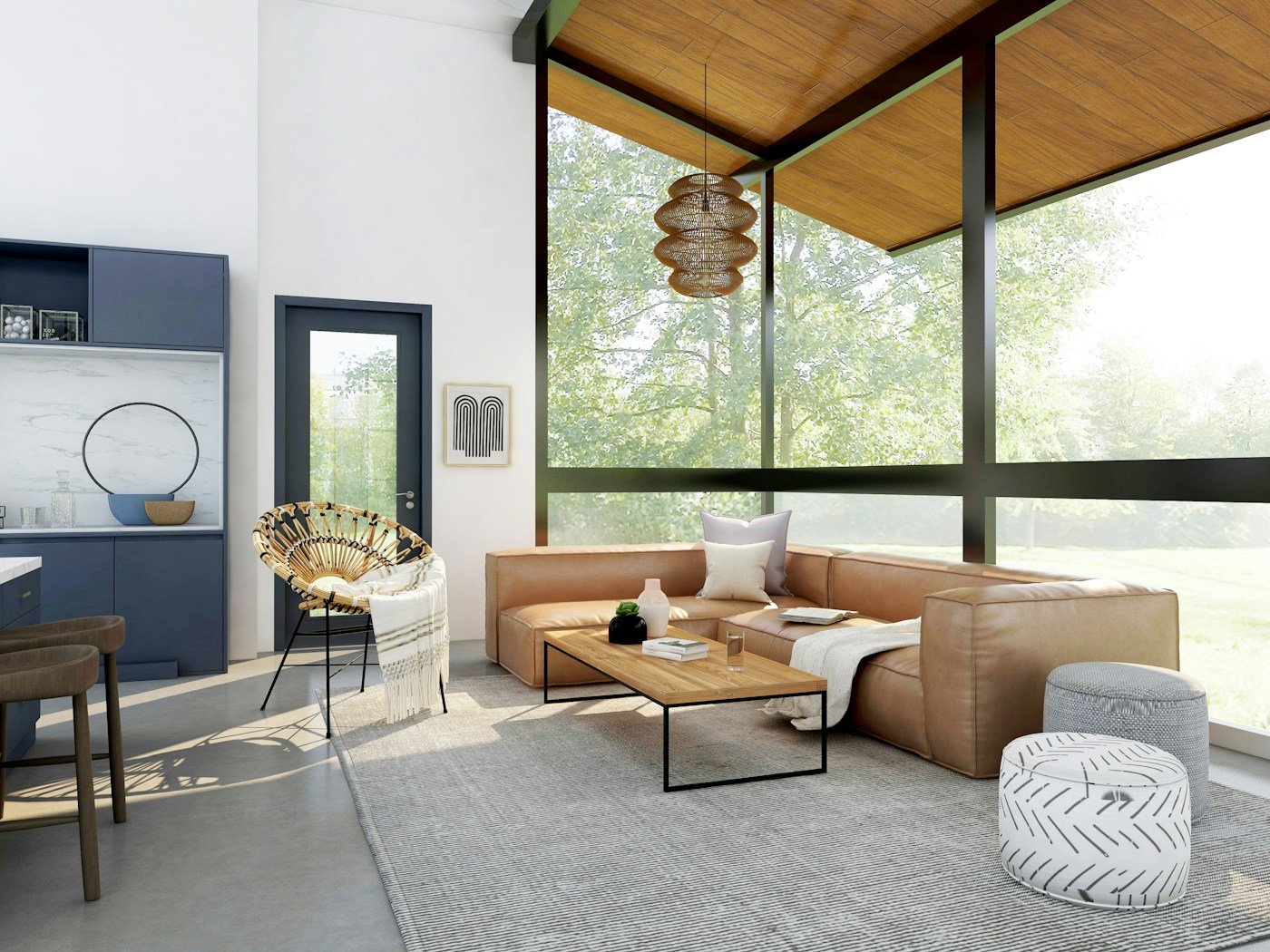 Salon chaleureux avec matières naturelles, bois clair et textiles doux