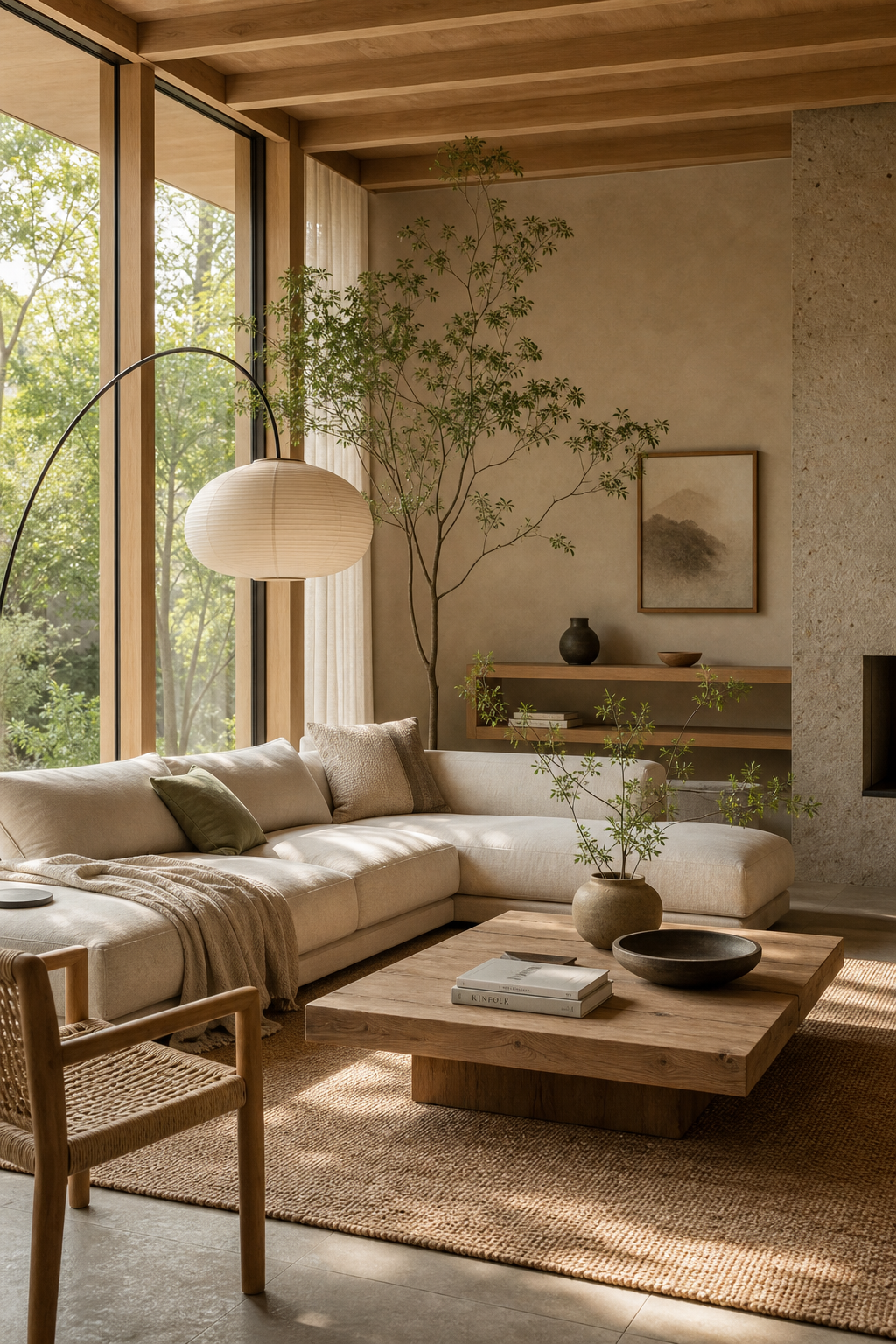 Intérieur Japandi avec canapé gris et table en bois