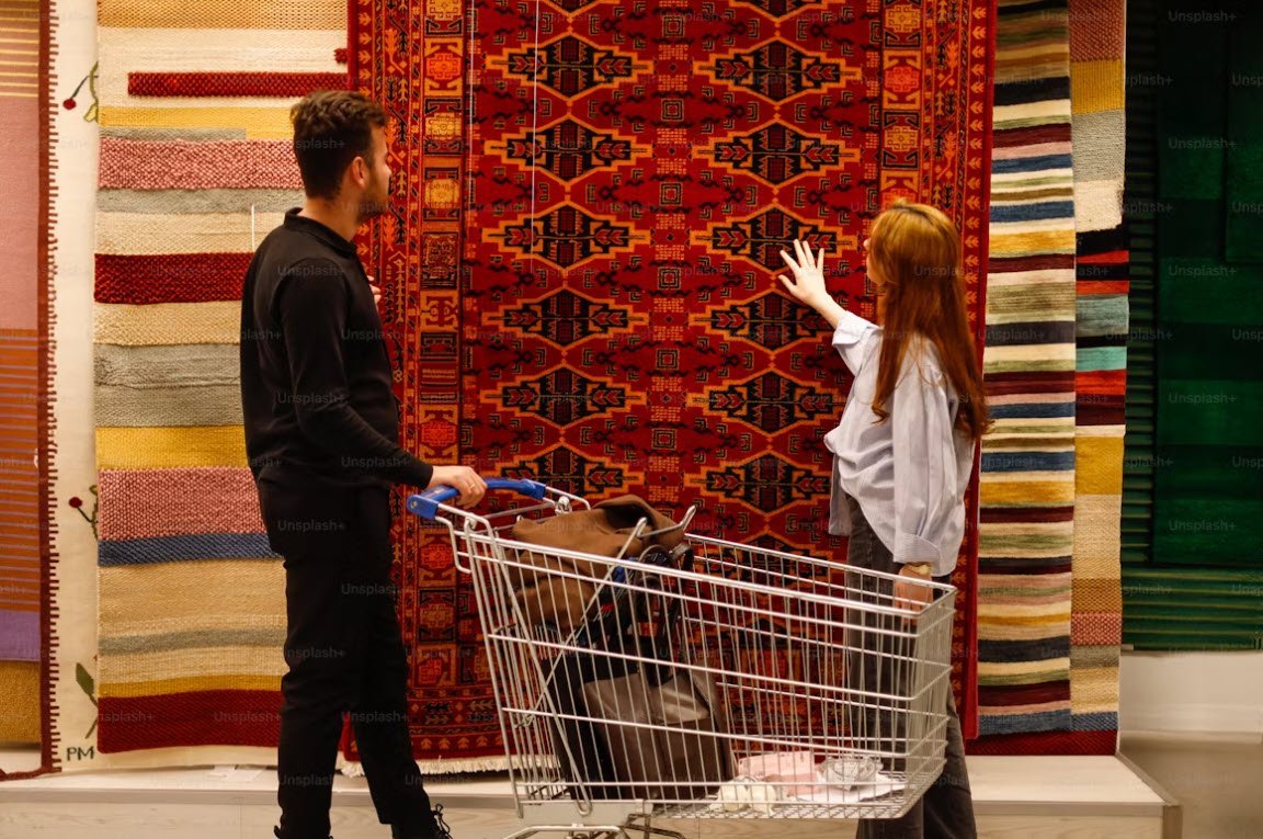 Salon avec tapis lavable clair et mobilier contemporain