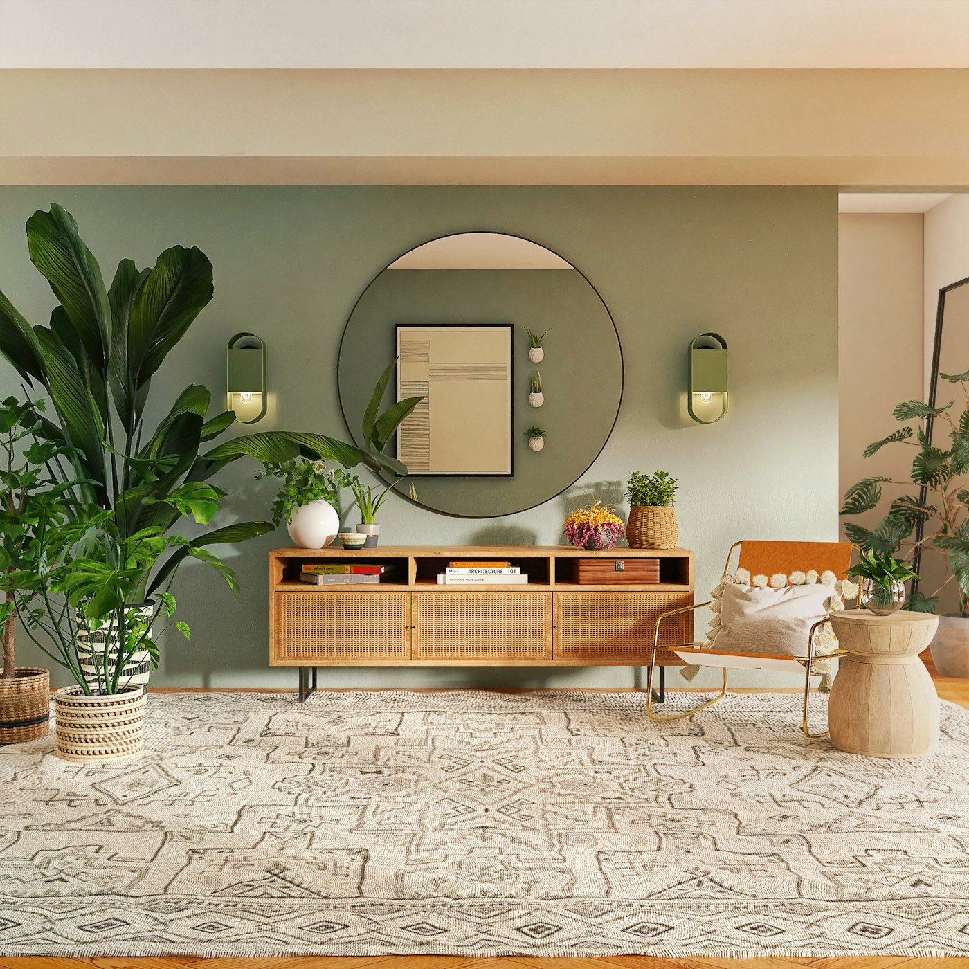 Grand salon lumineux avec un grand tapis contemporain et mobilier design