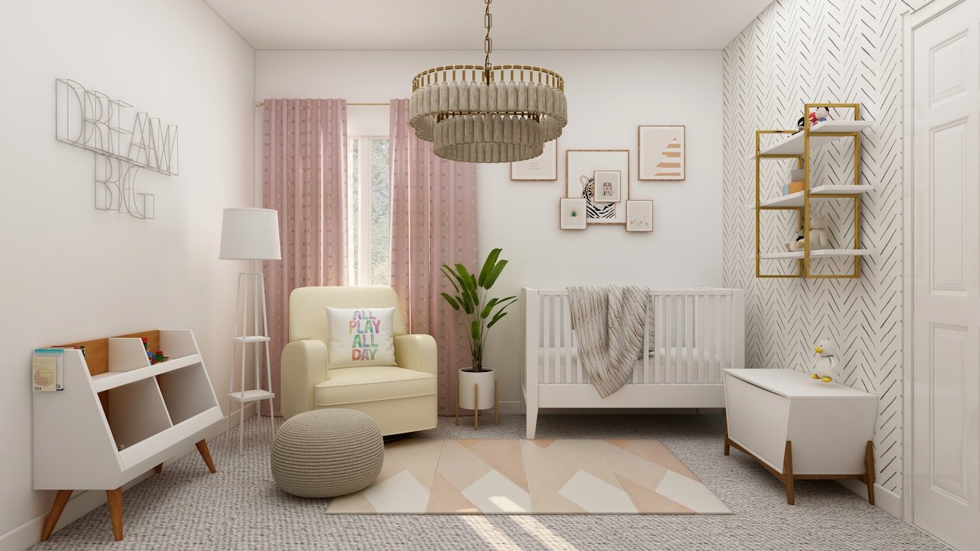 Tapis dans une chambre d'enfant claire avec jouets et coussins au sol
