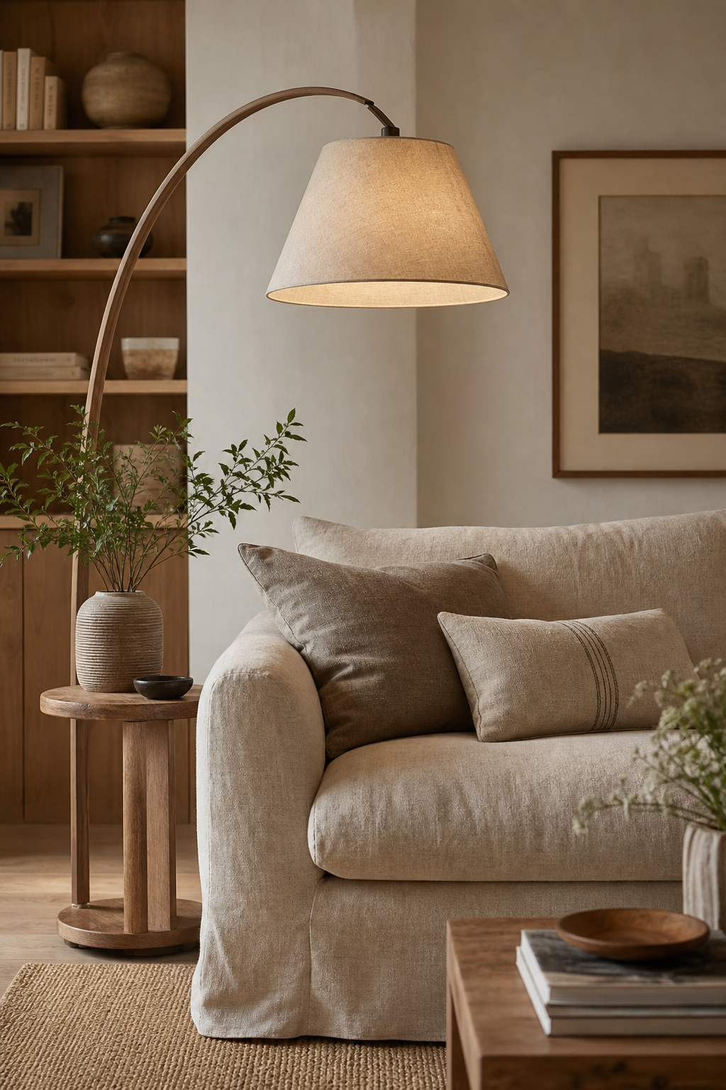 Inspiration Japandi -- coin salon avec fauteuil en lin et table basse en bois