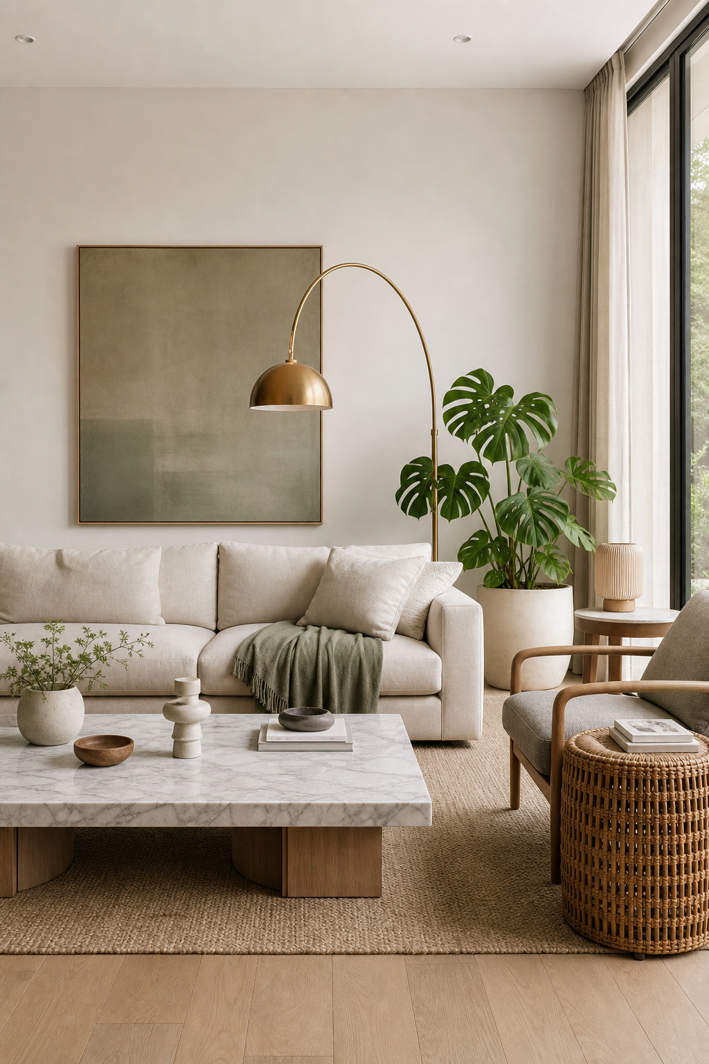 Salon Japandi raffine -- marbre, lin, lampe design, plante sculpturale