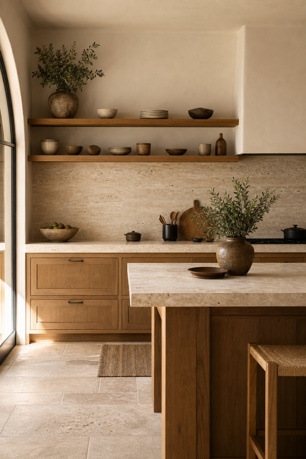 Cuisine mediterraneenne avec plan de travail travertin